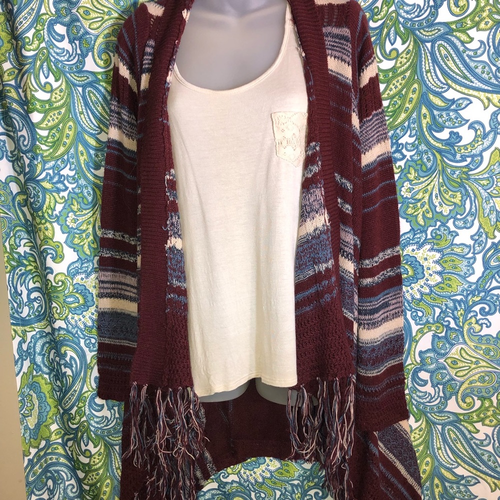 Charlotte Russe Long Sleeved Fringed Cardigan